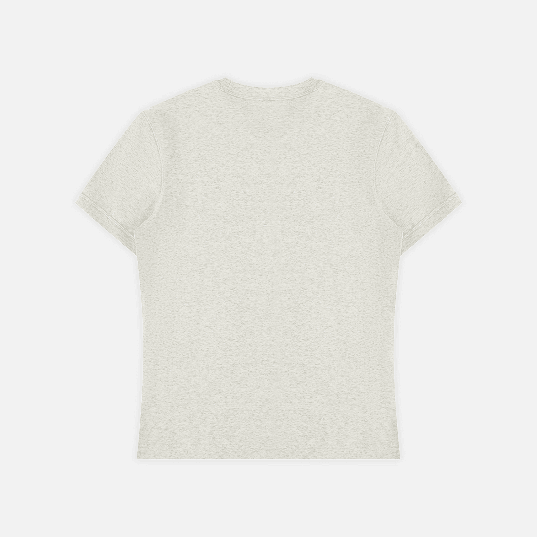 A short-sleeve crewneck t-shirt in a light heathered off-white color, shown flat against a clean white background.