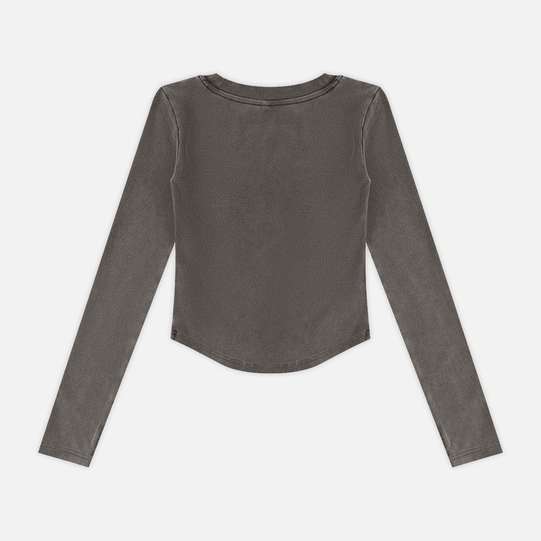 A long-sleeve cropped top in a washed charcoal gray color, shown from the back against a light gray background.