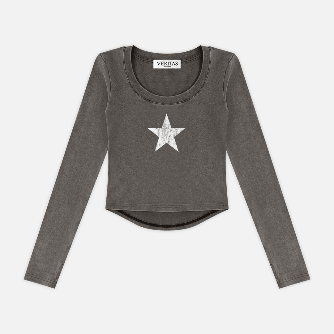 A dark gray long-sleeve crop top with a white star graphic on the chest, displayed flat against a light gray background. The brand name 'VERIJAS' is visible on the inner neck label.