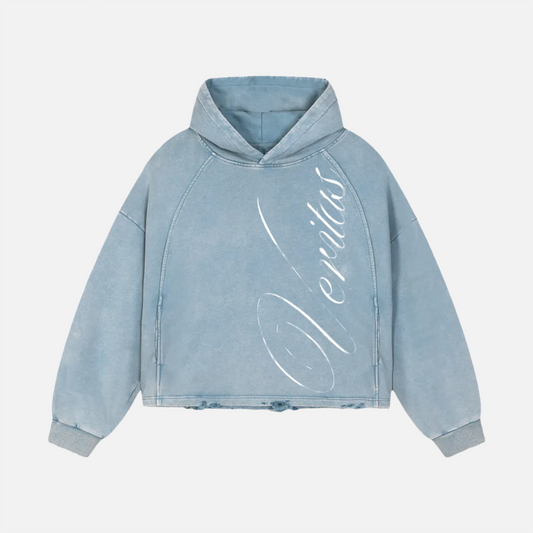 A light blue washed denim hoodie with a large white cursive script logo printed vertically on the front, displayed on a clean light gray background.
