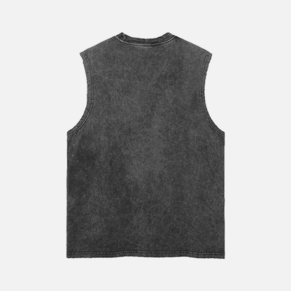 A sleeveless dark gray black muscle tank top distressed, light gray background.