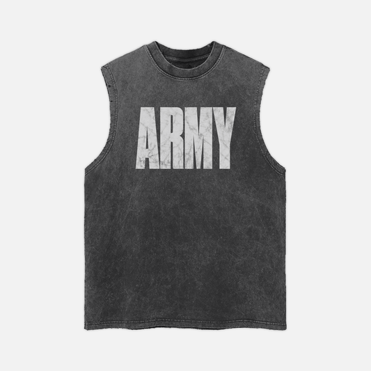A sleeveless dark gray muscle tank top with a distressed white 'ARMY' graphic printed across the chest, displayed on a light gray background.