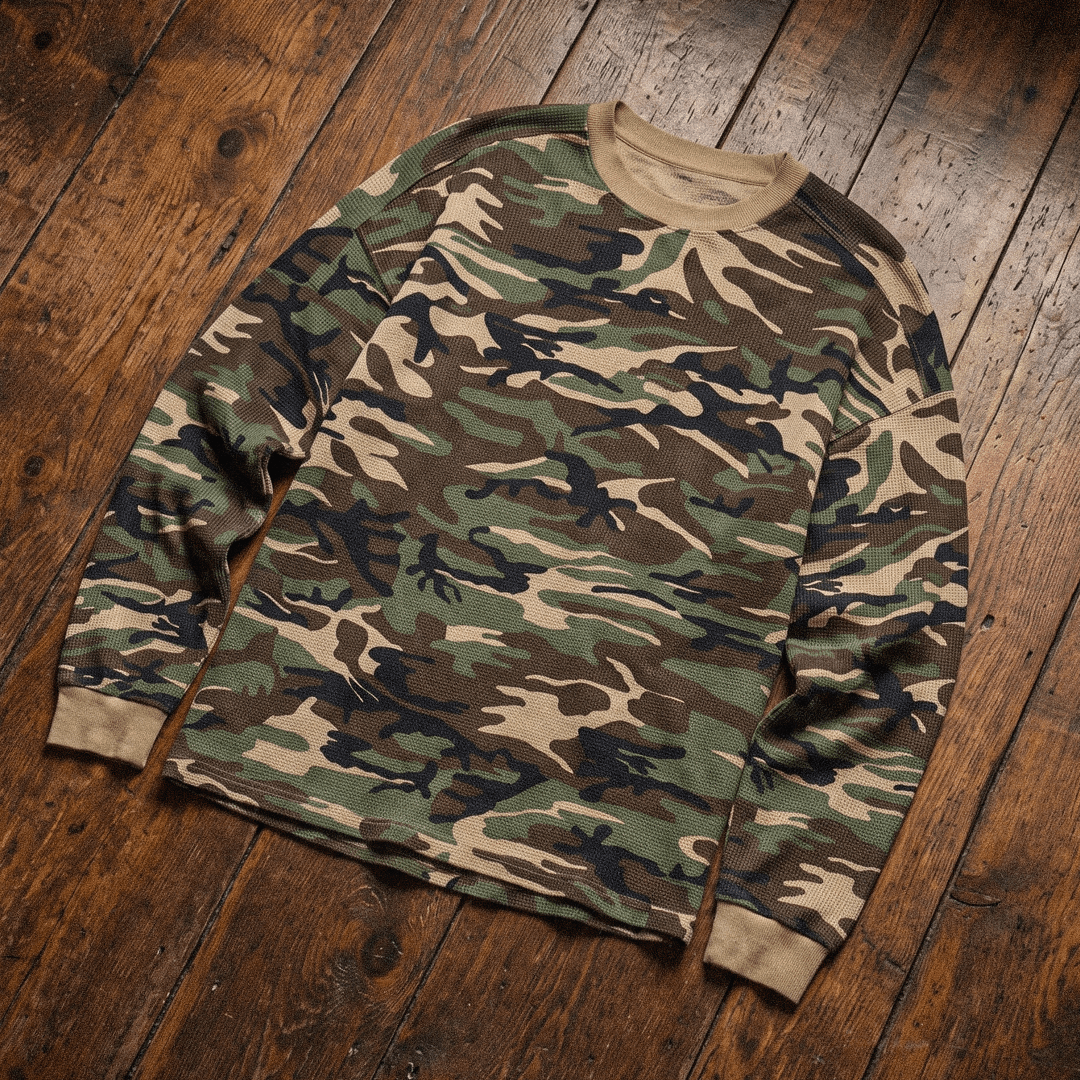 A long-sleeve crewneck sweatshirt in a classic woodland camouflage pattern, laid flat on a rustic dark wood plank floor.