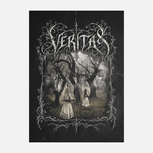 A black poster featuring the band name 'Veritas' in ornate white gothic lettering above a dark, eerie forest scene with two figures in white dresses under bare trees. The poster is shown centered on a light gray background.