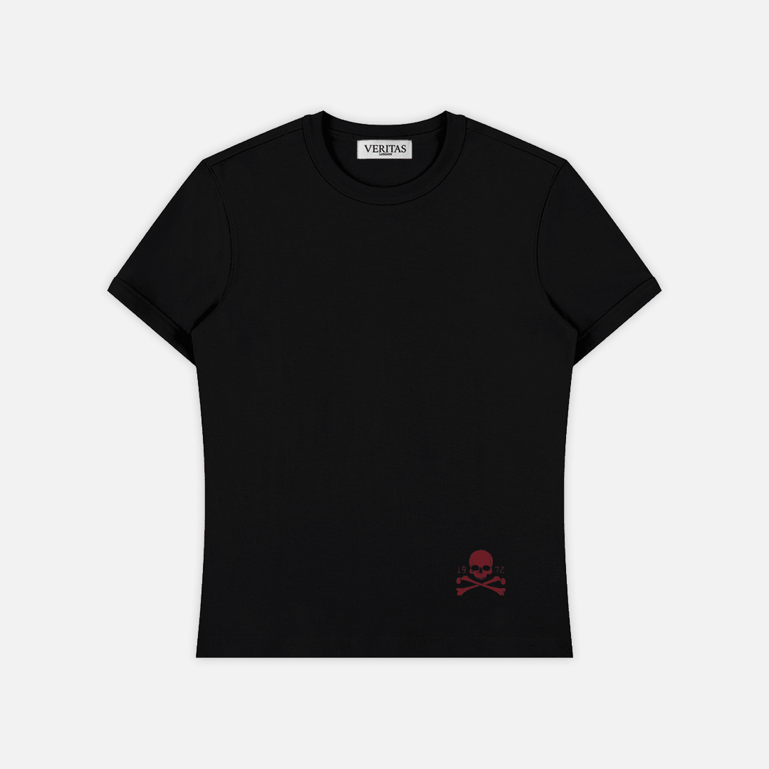 A black short-sleeve crewneck t-shirt by Virgine, featuring a small red skull and crossbones logo on the lower left front, displayed flat against a light gray background.