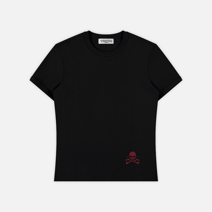 A black short-sleeve crewneck t-shirt by Virgine, featuring a small red skull and crossbones logo on the lower left front, displayed flat against a light gray background.