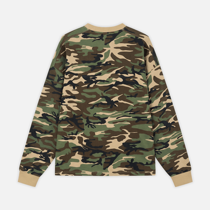 A long-sleeve crewneck sweatshirt with a classic green, brown, black, and beige camouflage pattern, shown from the back against a light gray background.
