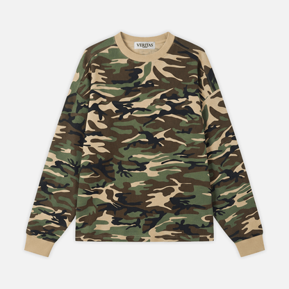 A long-sleeve crewneck sweatshirt featuring a classic green, brown, black, and beige camouflage pattern, with solid beige ribbed collar, cuffs, and hem. The brand name 'VERITAS' is visible on the inner neck label.