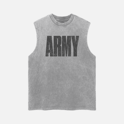 A sleeveless gray muscle tank top with a mineral wash finish, featuring the word 'ARMY' printed in distressed black block letters across the chest, shown against a light gray background.