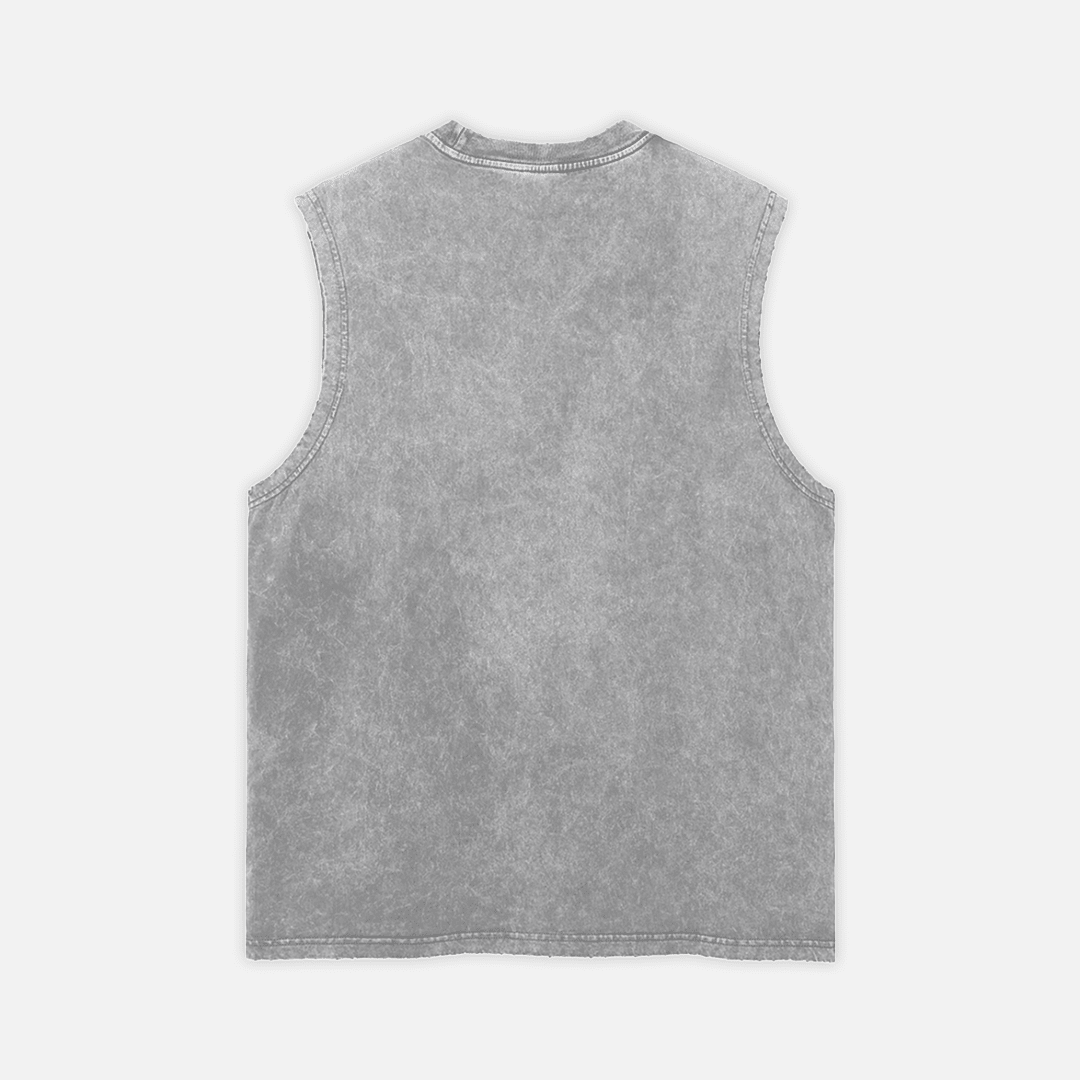 A sleeveless gray tank top with a washed, faded texture, shown from the back on a light gray background.