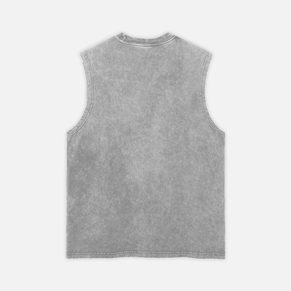 A sleeveless gray tank top with a washed, faded texture, shown from the back on a light gray background.