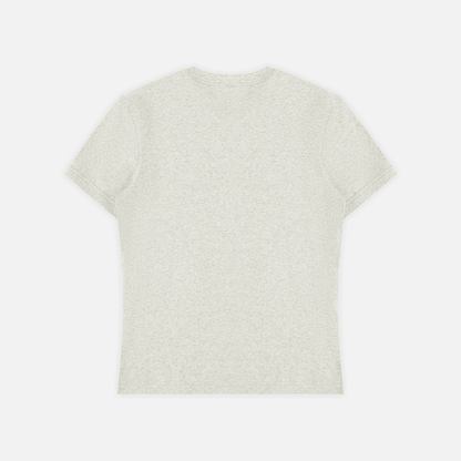 A short-sleeve crewneck t-shirt in a light heathered off-white color, shown flat against a clean white background.