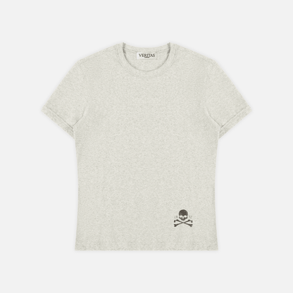 A light heather gray crewneck t-shirt with a small black skull and crossbones graphic on the bottom right, displayed flat against a light gray background.