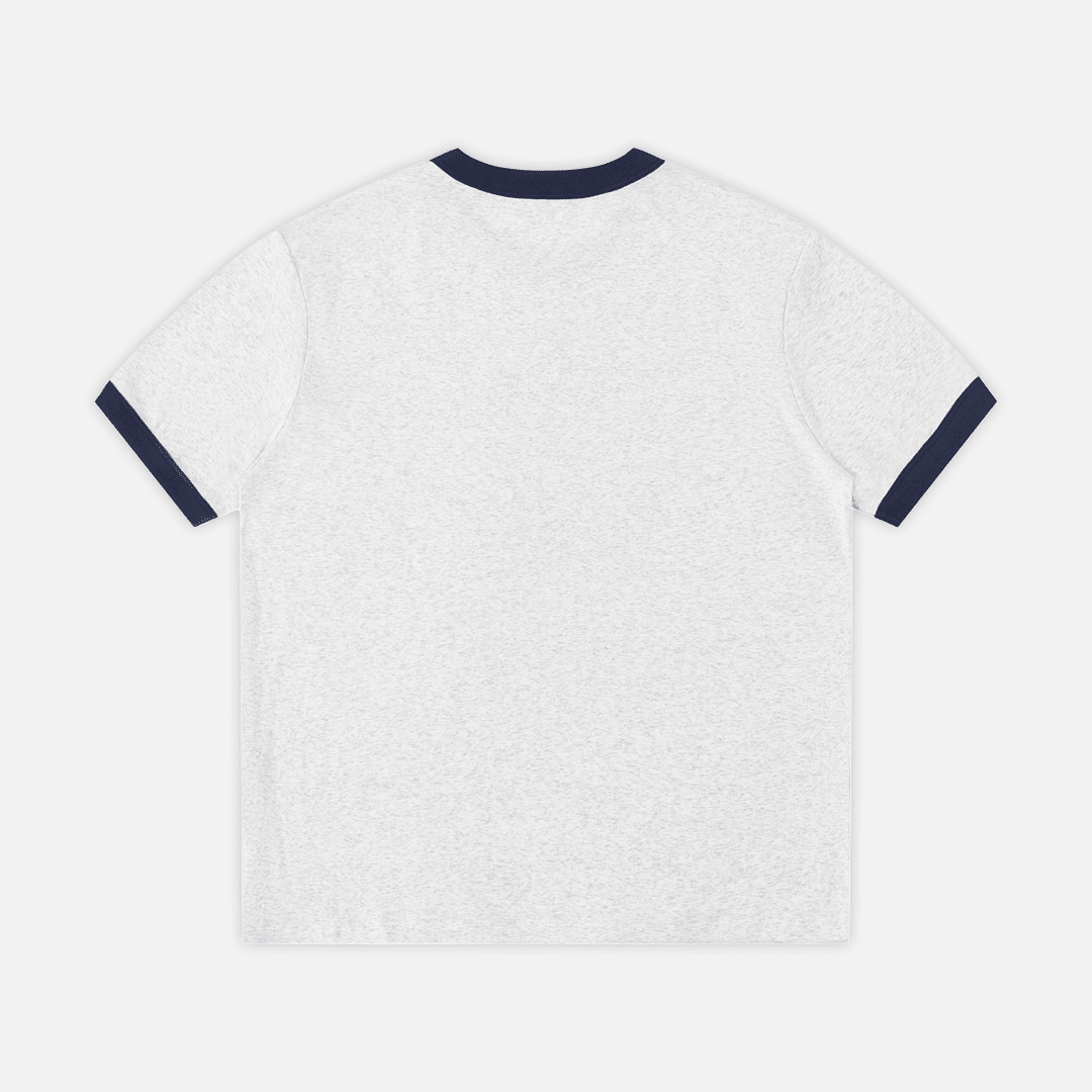 A gray short-sleeve ringer t-shirt shown from the back, featuring dark navy blue ribbed trim on the crew neck and sleeve cuffs, laid flat against a light gray background.