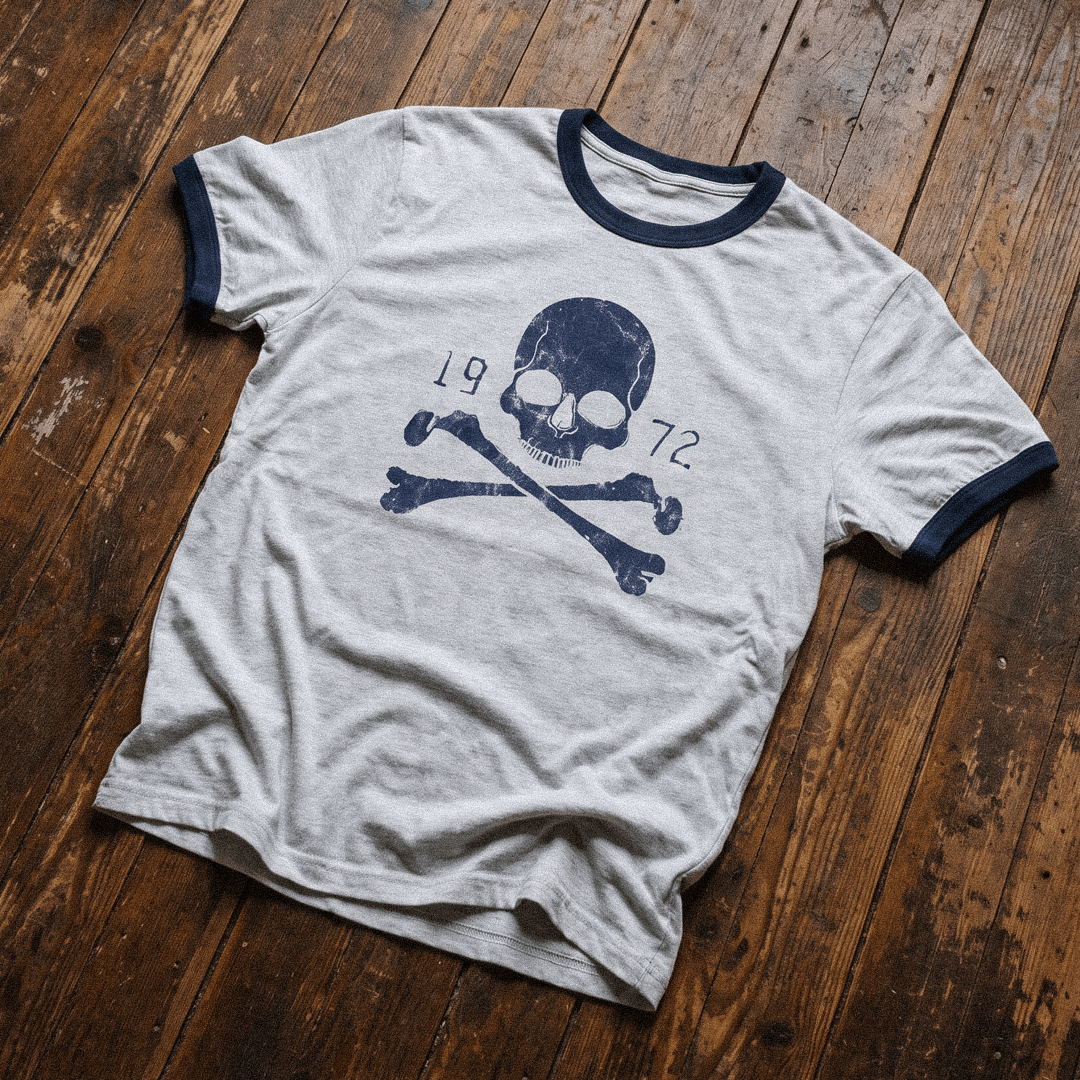A light gray ringer t-shirt with navy blue trim on the crew neck and sleeve cuffs, featuring a navy blue skull and crossbones graphic with the numbers '1972' on the front, laid flat on a rustic dark wood plank floor.
